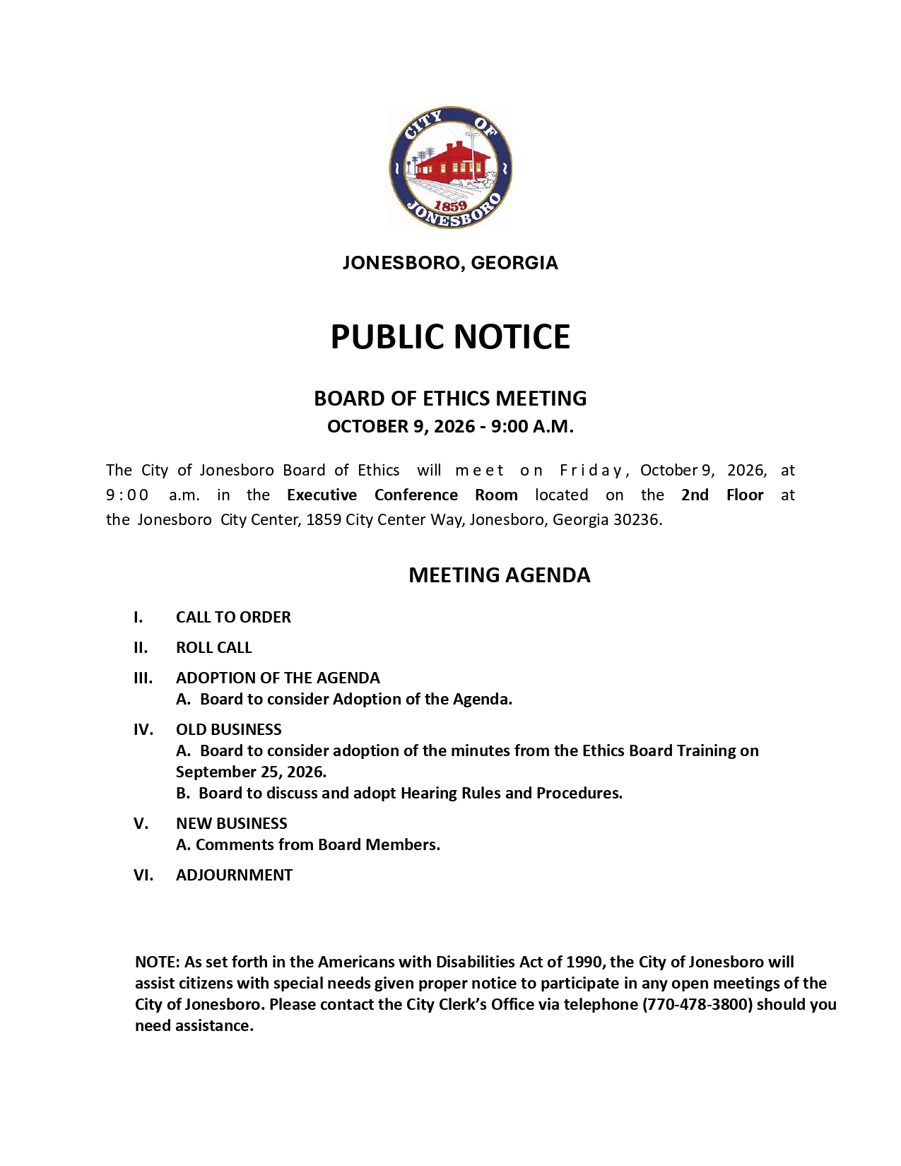 PUBLIC NOTICE - BOARD OF ETHICS MEETING